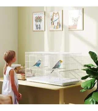 Jaula para Pájaros con Divisor 4 Comederos 4 Perchas Bandeja Extraíble para Loros Canarios Periquitos 76x46x46 cm Blanco