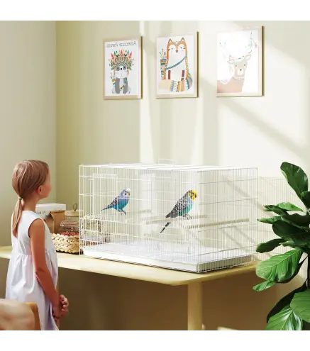 Jaula para Pájaros con Divisor 4 Comederos 4 Perchas Bandeja Extraíble para Loros Canarios Periquitos 76x46x46 cm Blanco