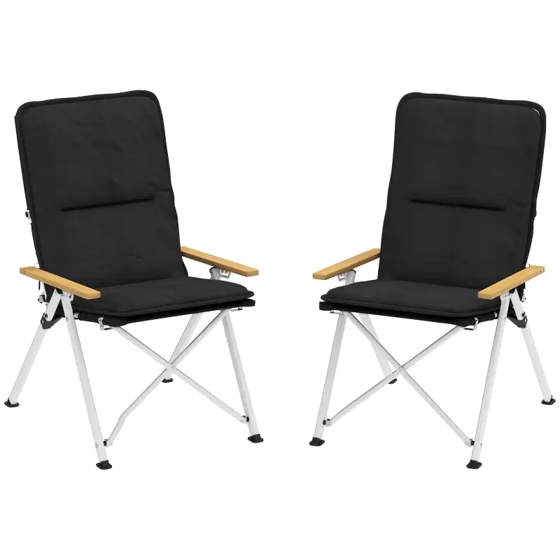 Sillas de Camping Plegables de Aluminio con Respaldo Alto Ajustable Reposabrazos de Madera 59x67x96 cm Negro