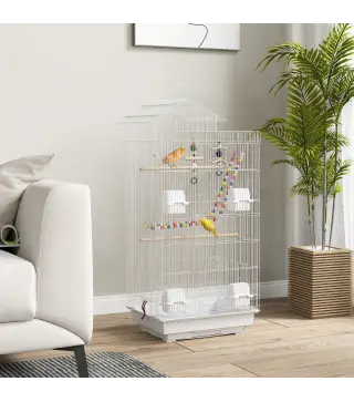 Pajarera con Múltiples Puertas 4 Comederos 3 Perchas Columpio Escaleras y Bandeja Extraíble 46x36x100 cm Blanco