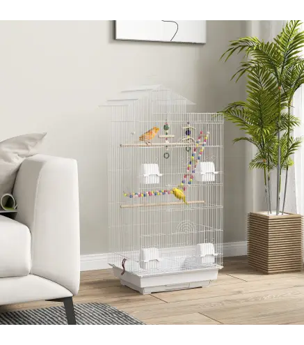 Pajarera con Múltiples Puertas 4 Comederos 3 Perchas Columpio Escaleras y Bandeja Extraíble 46x36x100 cm Blanco