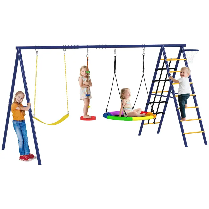 Conjunto de Columpios 6 en 1 para Niños con Nido Escalera Red para Escalar Canasta 350x183x200 cm Multicolor Conjunto de Columpios 6 en 1 para Niños con Nido Escalera Red para Escalar Canasta 350x183x200 cm Multicolor