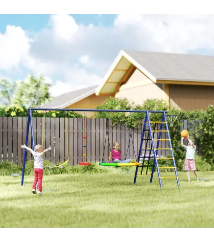 Conjunto de Columpios 6 en 1 para Niños con Nido Escalera Red para Escalar Canasta 350x183x200 cm Multicolor