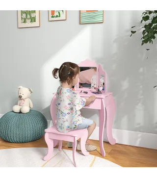 Tocador Infantil con Taburete y Espejo Ajustable Tocador para Niñas de 3-6 Años con Cajón Rosa