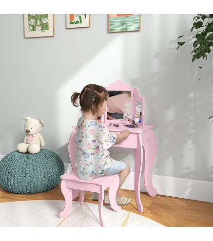 Tocador Infantil con Taburete y Espejo Ajustable Tocador para Niñas de 3-6 Años con Cajón Rosa