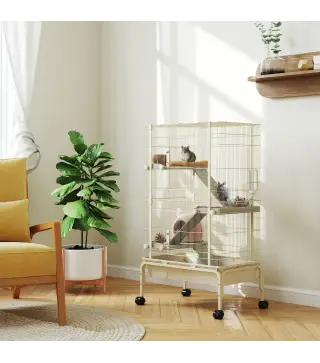 Jaula para Animales Pequeños de 4 Niveles con Ruedas Rampas Cuenco Botella de Agua 69x44x120 cm Beige