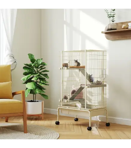 Jaula para Animales Pequeños de 4 Niveles con Ruedas Rampas Cuenco Botella de Agua 69x44x120 cm Beige
