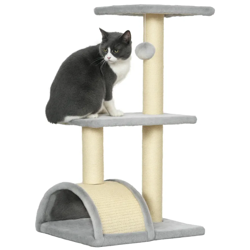 Árbol Rascador para Gatos Mediano de 3 Niveles con Rascador en Arco Plataformas Postes y Bola 40x35x72 cm Gris Claro