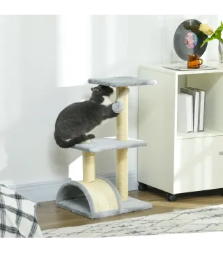Árbol Rascador para Gatos Mediano de 3 Niveles con Rascador en Arco Plataformas Postes y Bola 40x35x72 cm Gris Claro