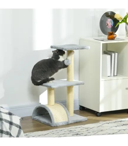 Árbol Rascador para Gatos Mediano de 3 Niveles con Rascador en Arco Plataformas Postes y Bola 40x35x72 cm Gris Claro