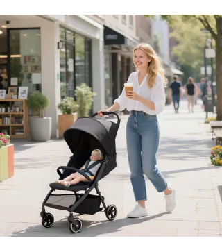 Carrito para Bebé Plegable con Respaldo Reclinable Reposapiés Ajustable Capota Cesta Arnés Carga 15 kg Gris Oscuro