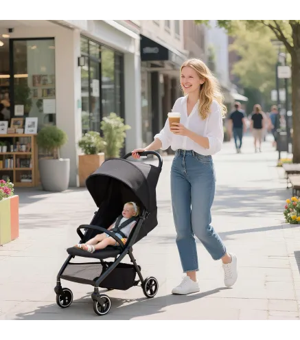 Carrito para Bebé Plegable con Respaldo Reclinable Reposapiés Ajustable Capota Cesta Arnés Carga 15 kg Gris Oscuro