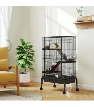 Jaula para Animales Pequeños de 4 Niveles con Ruedas Rampas Cuenco Botella de Agua 69x44x120 cm Negro