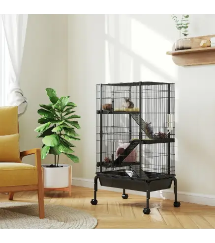 Jaula para Animales Pequeños de 4 Niveles con Ruedas Rampas Cuenco Botella de Agua 69x44x120 cm Negro