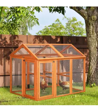 Gallinero para Exterior 140x88,5x106 cm con 3 Perchas Marco de Madera y 2 Puertas con Cierre Madera Natural