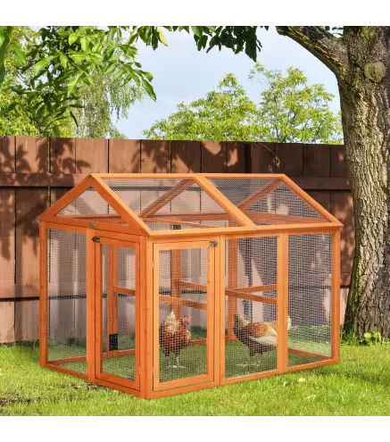 Gallinero para Exterior 140x88,5x106 cm con 3 Perchas Marco de Madera y 2 Puertas con Cierre Madera Natural