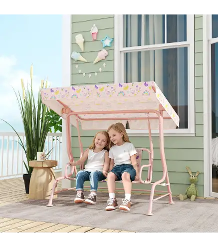Columpio de Jardín Exterior para Niños de +3 Años con Toldo Ajustable Arnés de Seguridad 112x75x120 cm Rosa