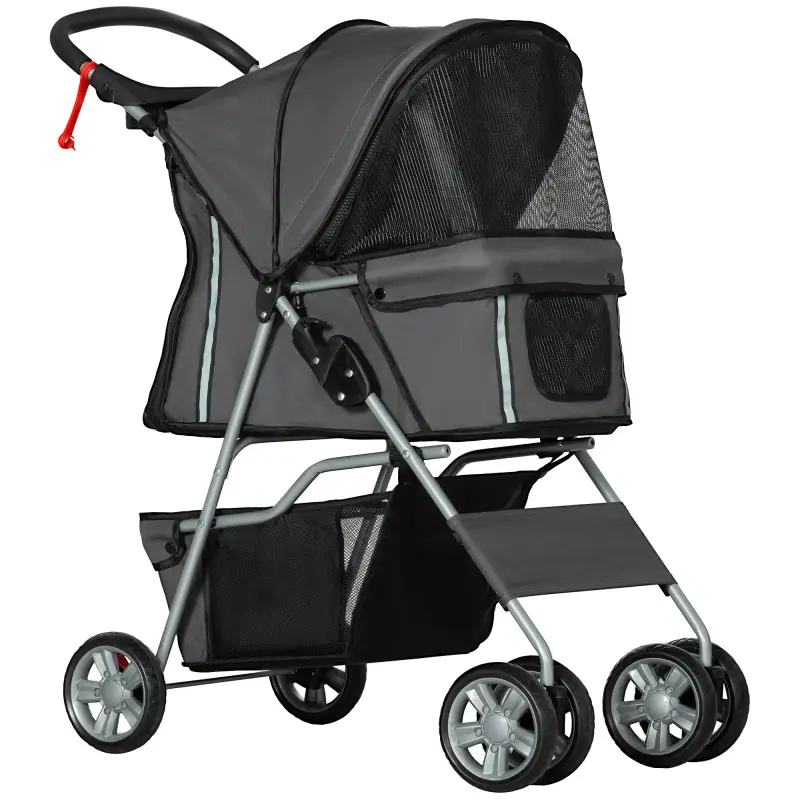Carrito para Perros Pequeños con Toldo Ajustable Cesta de Almacenaje Portavasos y Ruedas 75x45x97 cm Gris Oscuro