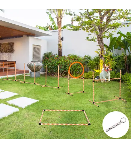 Set Agility para Entrenamiento de Perros con Slalom Obstáculos Ajustables Silbato y Bolsa de Transporte