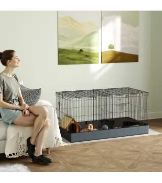 Jaula para Animales Pequeños 2 en 1 Recinto para Conejos y Cobayas con Puerta Central y Tapa Removible 121x61x61cm Negro