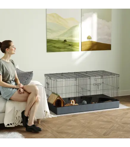 Jaula para Animales Pequeños 2 en 1 Recinto para Conejos y Cobayas con Puerta Central y Tapa Removible 121x61x61cm Negro