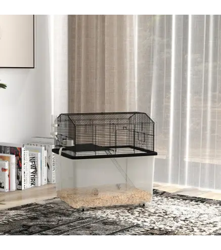 Jaula para Hámster con Fondo Profundo Plataforma Cuenco Bebedero Rampa y Ruedas 57x43x57 cm Negro