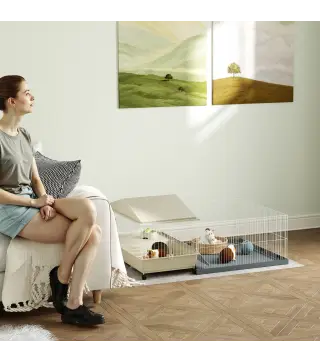 Jaula para Animales Pequeños con Corral Desmontable Cuenco Botella de Agua y Dispensador de Heno 108x71x57 cm Beige