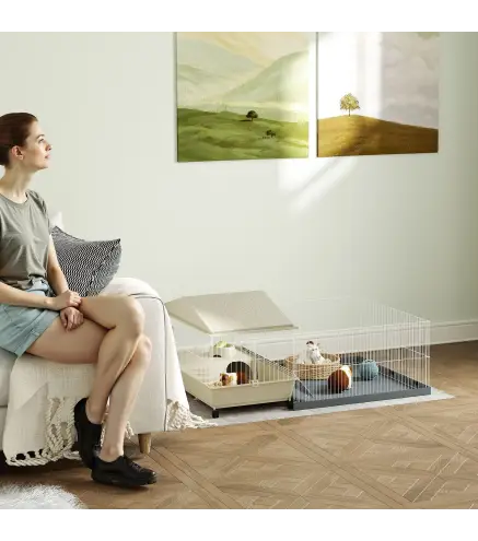 Jaula para Animales Pequeños con Corral Desmontable Cuenco Botella de Agua y Dispensador de Heno 108x71x57 cm Beige