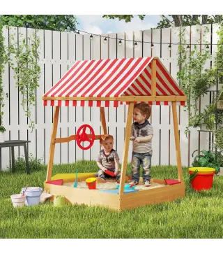 Arenero Infantil de Madera en Forma de Barco con Toldo Ajustable Timón y Forro de Base para Juegos al Aire Libre Natural
