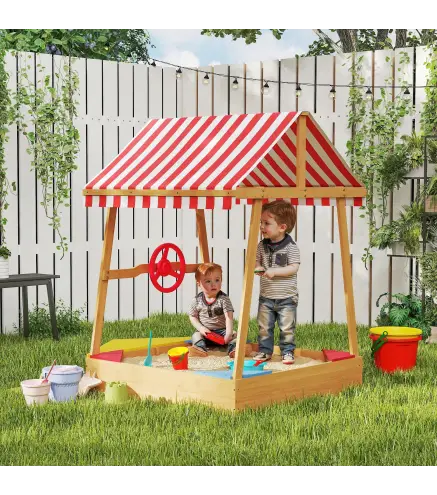 Arenero Infantil de Madera en Forma de Barco con Toldo Ajustable Timón y Forro de Base para Juegos al Aire Libre Natural