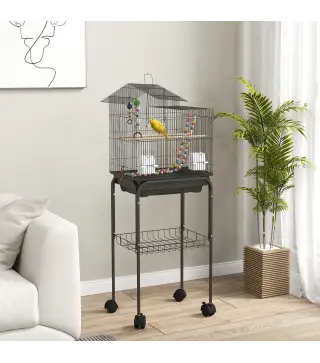 Pajarera con Ruedas Múltiples Puertas 2 Comederos 2 Perchas Columpio Escaleras y Bandeja Extraíble 46x36x120 cm Negro