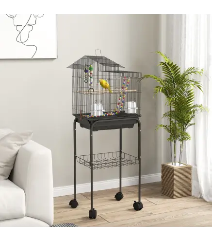 Pajarera con Ruedas Múltiples Puertas 2 Comederos 2 Perchas Columpio Escaleras y Bandeja Extraíble 46x36x120 cm Negro