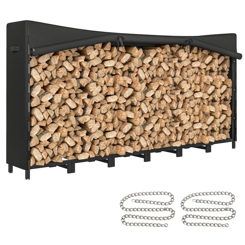 Leñero Exterior Metálico de Chimenea Soporte para Leña con Cubierta Impermeable y Cadenas de Acero 235x31x116 cm Negro