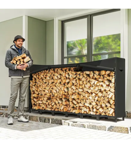 Leñero Exterior Metálico de Chimenea Soporte para Leña con Cubierta Impermeable y Cadenas de Acero 235x31x116 cm Negro