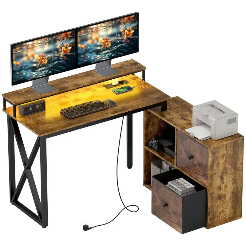 Escritorio Industrial con Luces LED y Estación de Carga con Patas Ajustables y Soporte en X 130x110x91 cm Madera Rústica