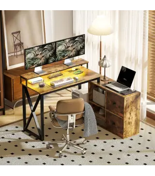 Escritorio Industrial con Luces LED y Estación de Carga con Patas Ajustables y Soporte en X 130x110x91 cm Madera Rústica