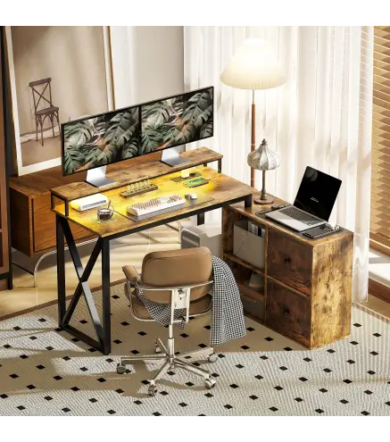 Escritorio Industrial con Luces LED y Estación de Carga con Patas Ajustables y Soporte en X 130x110x91 cm Madera Rústica