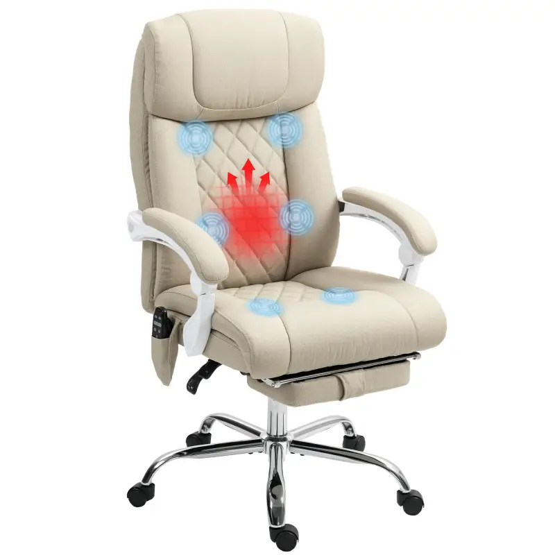 Silla de Oficina de Masaje con Respaldo Alto Reclinable con Calor Lumbar Reposapiés y Ruedas 66x70x112-120 cm Beige