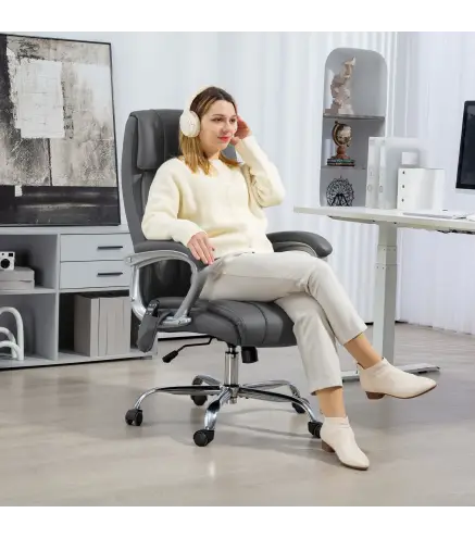 Silla de Oficina con Masaje Calor Lumbar Altura Ajustable e Inclinación Tapizada en Cuero Sintético 66x72x113-121cm Gris