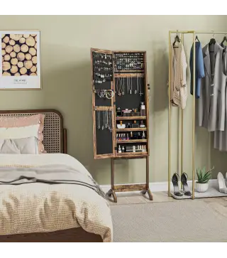 Espejo Joyero de Pie con Ángulo Ajustable y Ranuras para Pendientes Anillos y Collares 46x36,5x151,5 cm Marrón Rústico