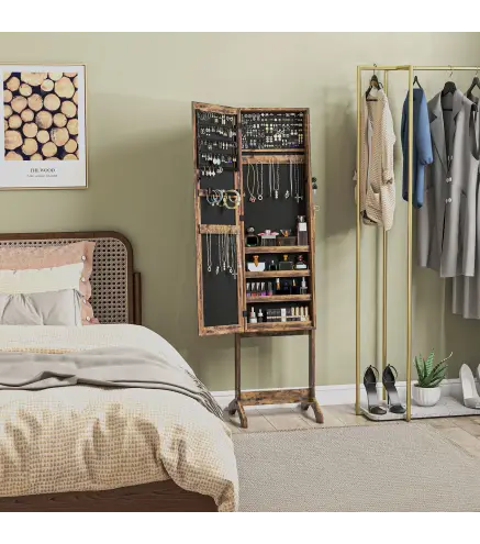 Espejo Joyero de Pie con Ángulo Ajustable y Ranuras para Pendientes Anillos y Collares 46x36,5x151,5 cm Marrón Rústico