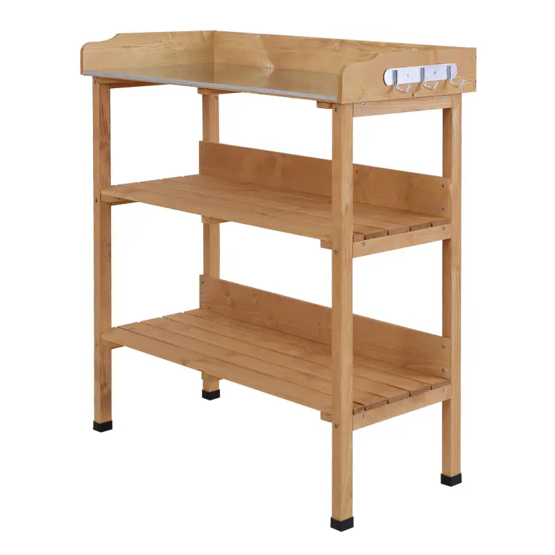 Mesa de Jardinería de Madera con Superficie Metálica Estantes y Ganchos para Jardín Terraza 76x37x89 cm Natural