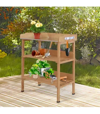 Mesa de Jardinería de Madera con Superficie Metálica Estantes y Ganchos para Jardín Terraza 76x37x89 cm Natural