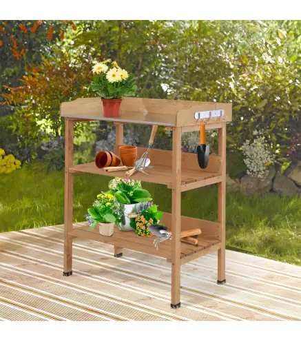 Mesa de Jardinería de Madera con Superficie Metálica Estantes y Ganchos para Jardín Terraza 76x37x89 cm Natural
