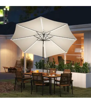 Sombrilla de Jardín Ø292x252 cm con Luces LED Solares Inclinación Ajustable y Manivela para Patio Terraza Crema