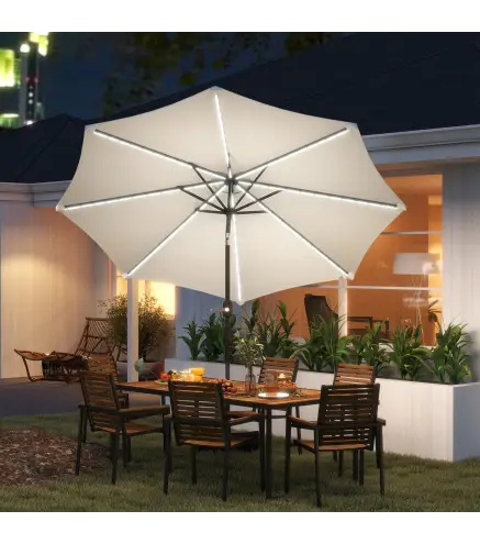 Sombrilla de Jardín Ø292x252 cm con Luces LED Solares Inclinación Ajustable y Manivela para Patio Terraza Crema