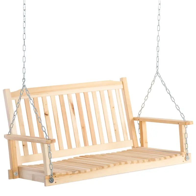 Banco Columpio de Madera de 2 Plazas Ajustable con Respaldo y Apoyabrazos para Exterior Jardín 117x69x60 cm Natural