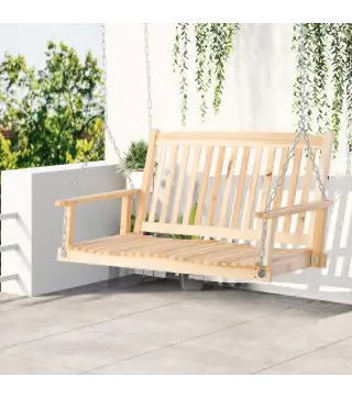Banco Columpio de Madera de 2 Plazas Ajustable con Respaldo y Apoyabrazos para Exterior Jardín 117x69x60 cm Natural