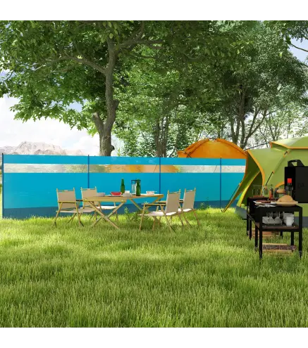 Cortavientos para Camping de 725 cm con Panel Transparente Postes de Acero, Estacas y Bolsa de Transporte para Exterior