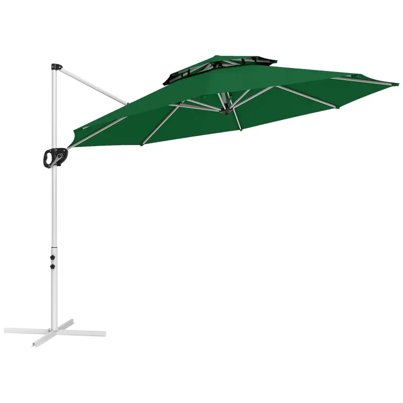 Parasol Excéntrico Ø292 cm con Manivela Giro 360° Inclinación Ajustable Doble Techo y Base Cruzada Verde Oscuro